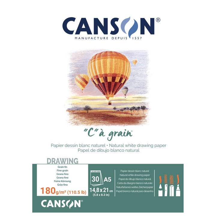 Скицник Canson "C" a grain, А5, 180 g/m2, 30 листа, Подлепен, За молив, въглен, пастел и туш