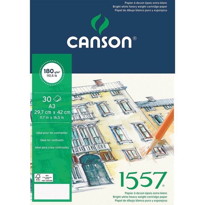 Подлепен скицник Canson 1557, A3, 180 g/m2, 30 листа