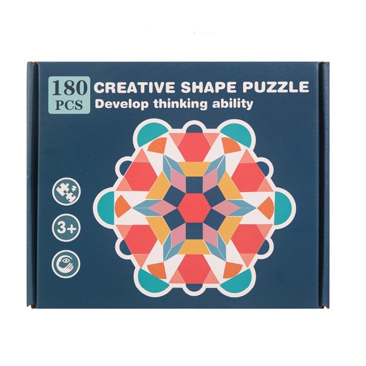 Образователна игра Tangram със 180 разноцветни геометрични дървени фигури и 24 карти с мотиви, + 3 години