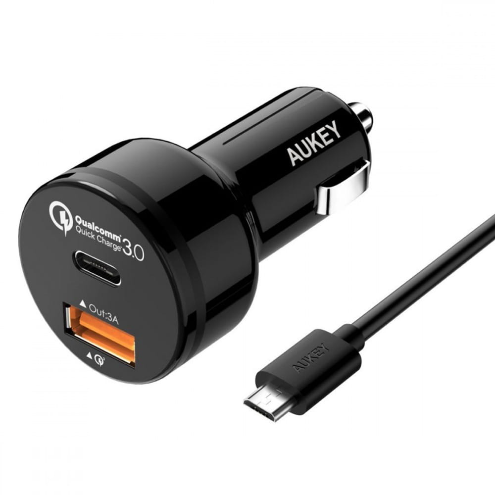 Incarcator auto, Aukey, USB-C, USB-A, QC 3.0, Negru + microUSB 1m