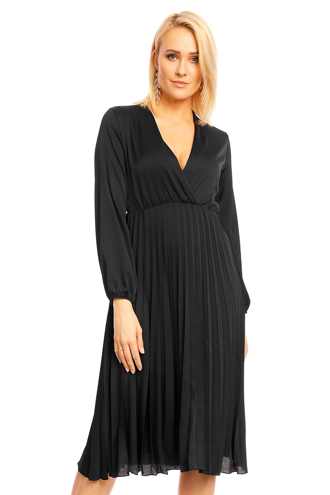 Rochie midi cu maneci clopot si decolteu, Negru, S-L