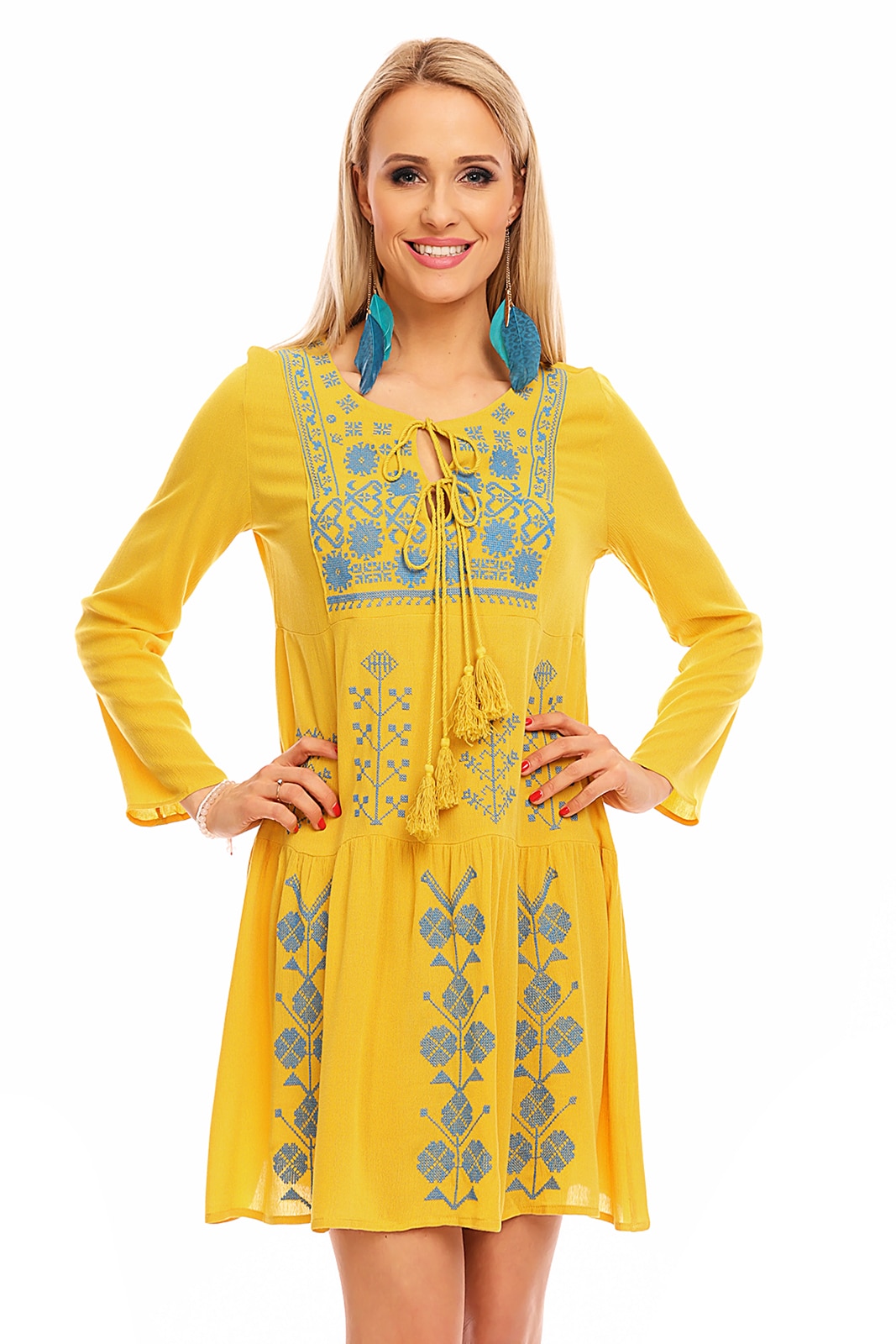 Rochie scurta cu moodel traditional, Mustar
