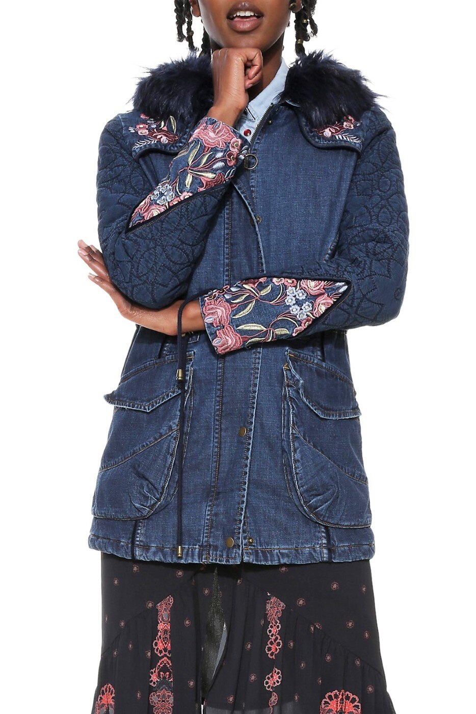 Geaca Dama lunga de blug cu gluga, Desigual-Renne, Albastru Inchis, 40