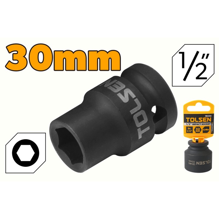 Cheie tubulara de impact TOLSEN 1/2" 30 mm, CrMo, tratata termic, 6 puncte, protectie molibden chimic anticoroziv, pentru impact pneumatic, electric sau manual
