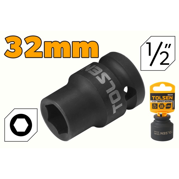 Cheie tubulara de impact TOLSEN 1/2" 32 mm, CrMo, tratata termic, 6 puncte, protectie molibden chimic anticoroziv, pentru impact pneumatic, electric sau manual