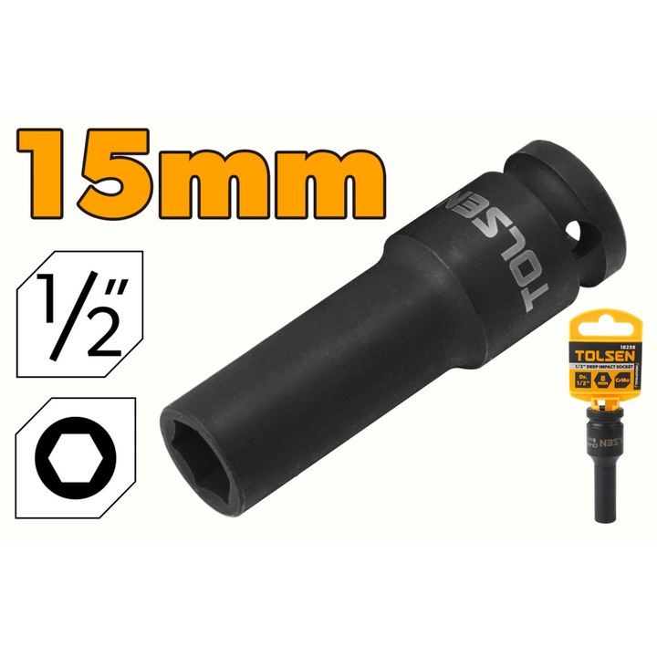 Cheie tubulara lunga de impact TOLSEN 1/2" 15 mm, CrMo, tratata termic, 6 puncte, aliaj cu molibden pentru protectie anticoroziva, compatibila impact pneumatic, electric sau manual