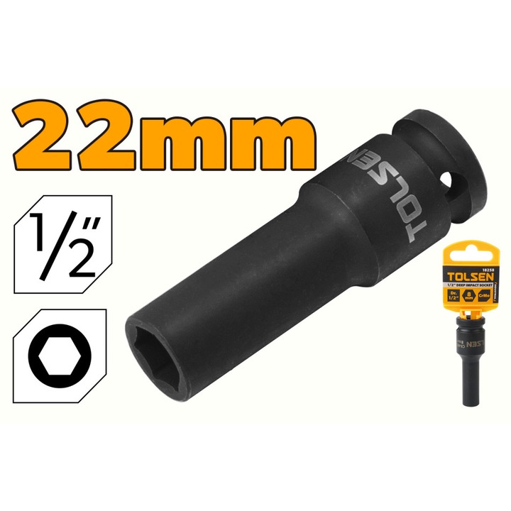 Cheie tubulara lunga de impact TOLSEN 1/2" 22 mm, CrMo, tratata termic, 6 puncte, aliaj cu molibden pentru protectie anticoroziva, compatibila impact pneumatic, electric sau manual