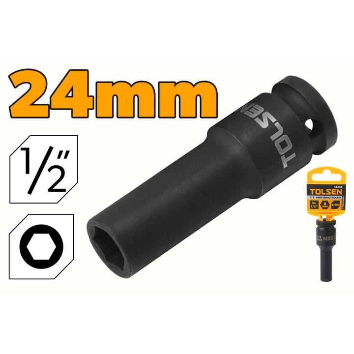 Cheie tubulara lunga de impact TOLSEN 1/2" 24 mm, CrMo, tratata termic, 6 puncte, aliaj cu molibden pentru protectie anticoroziva, compatibila impact pneumatic, electric sau manual