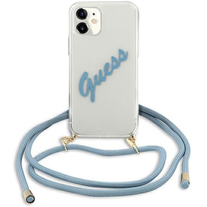 Guess Vintage kábeltok iPhone 12 Minihez, polikarbonát, átlátszó / kék