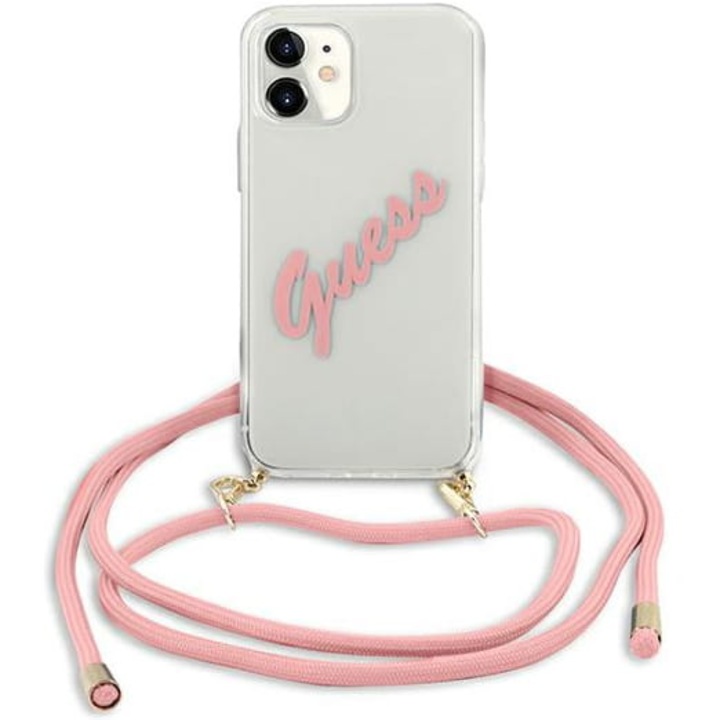 Guess Vintage kábeltok iPhone 12 Minihez, polikarbonát, átlátszó / rózsaszín