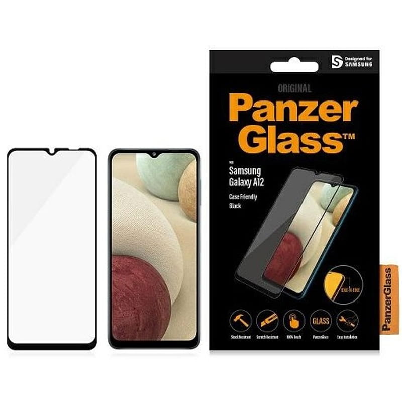 Folie PanzerGlass Case Friendly pentru Samsung Galaxy A12, Sticla securizata, Transparent/Negru
