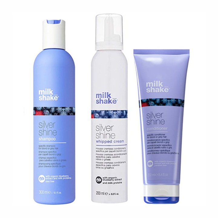 Kit pentru par blond Milk Shake Silver Shine Sampon 300 ml, Balsam 250 ml, Balsam spuma 200 ml