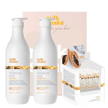 Kit pentru hidratare intensiva Milk Shake Moisture Plus Sampon 1000 ml, Balsam 1000 ml, Lotiune 6x12 ml Kit pentru hidratare intensiva Milk Shake Moisture Plus Sampon 1000 ml, Balsam 1000 ml, Lotiune 6x12 ml