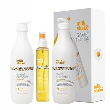 Kit pentru ingrijirea parului blond Milk Shake Sweet Chamomile Sampon 1000 ml, Balsam 1000 ml, Tratament 150 ml Kit pentru ingrijirea parului blond Milk Shake Sweet Chamomile Sampon 1000 ml, Balsam 1000 ml, Tratament 150 ml