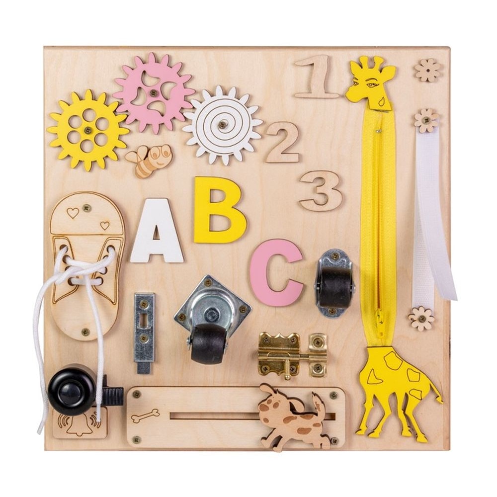 Placa senzoriala busy board, multiactivitati 3D, din lemn, 30 x 30 cm