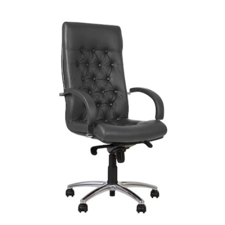 Scaun directorial CHEF LUX STEEL CHROME, Gri inchis, piele naturala