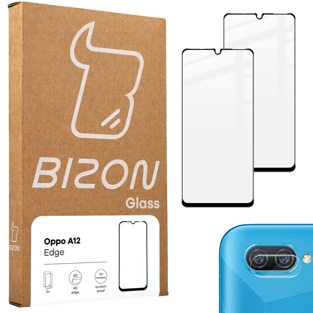 Set 2 folii sticla securizata Glass Edge si protectie camera, Bizon, Compatibil cu Oppo A12, Negru