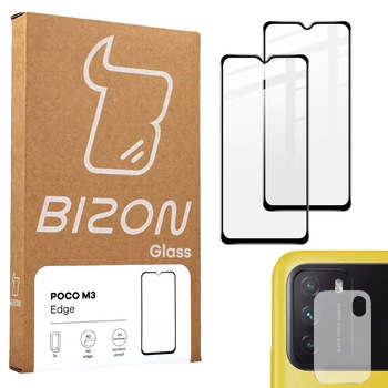 Set 2 folii sticla securizata Glass Edge si protectie camera, Bizon, Compatibil cu Xiaomi Poco M3, Negru Set 2 folii sticla securizata Glass Edge si protectie camera, Bizon, Compatibil cu Xiaomi Poco M3, Negru