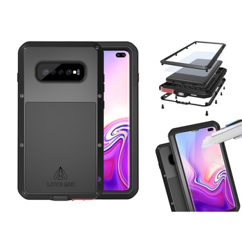 Husa blindata, LOVE MEI, pentru Galaxy S10 Plus, Negru + folie sticla, Gorilla Glass Husa blindata, LOVE MEI, pentru Galaxy S10 Plus, Negru + folie sticla, Gorilla Glass