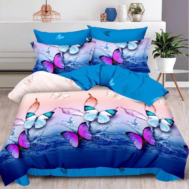 Lenjerie 6 piese din Bumbac Finet, model Blue Butterflies, 235 x 240