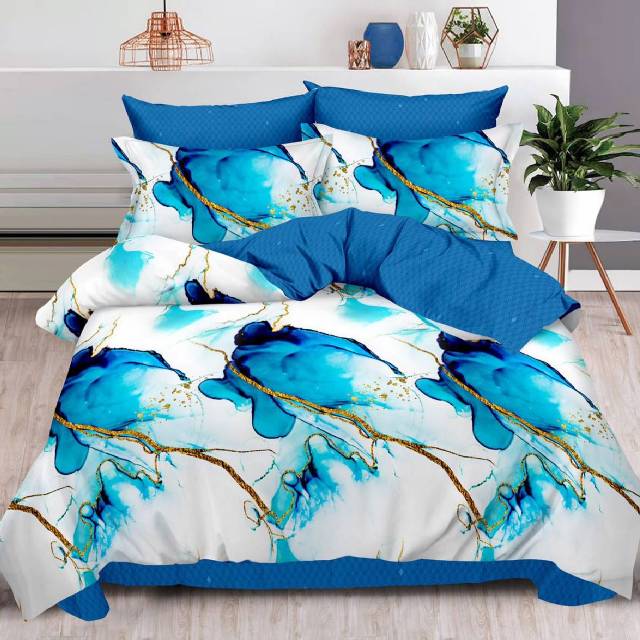 Lenjerie 6 piese din Bumbac Finet, model Blue Marble, 235 x 240