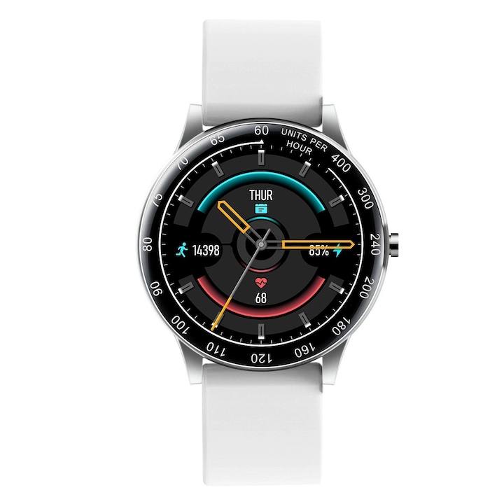 Smartwatch Jubiao, 1.28 inch, cadran personalizat, ritm cardiat, pedometru, impermeabil, Alb