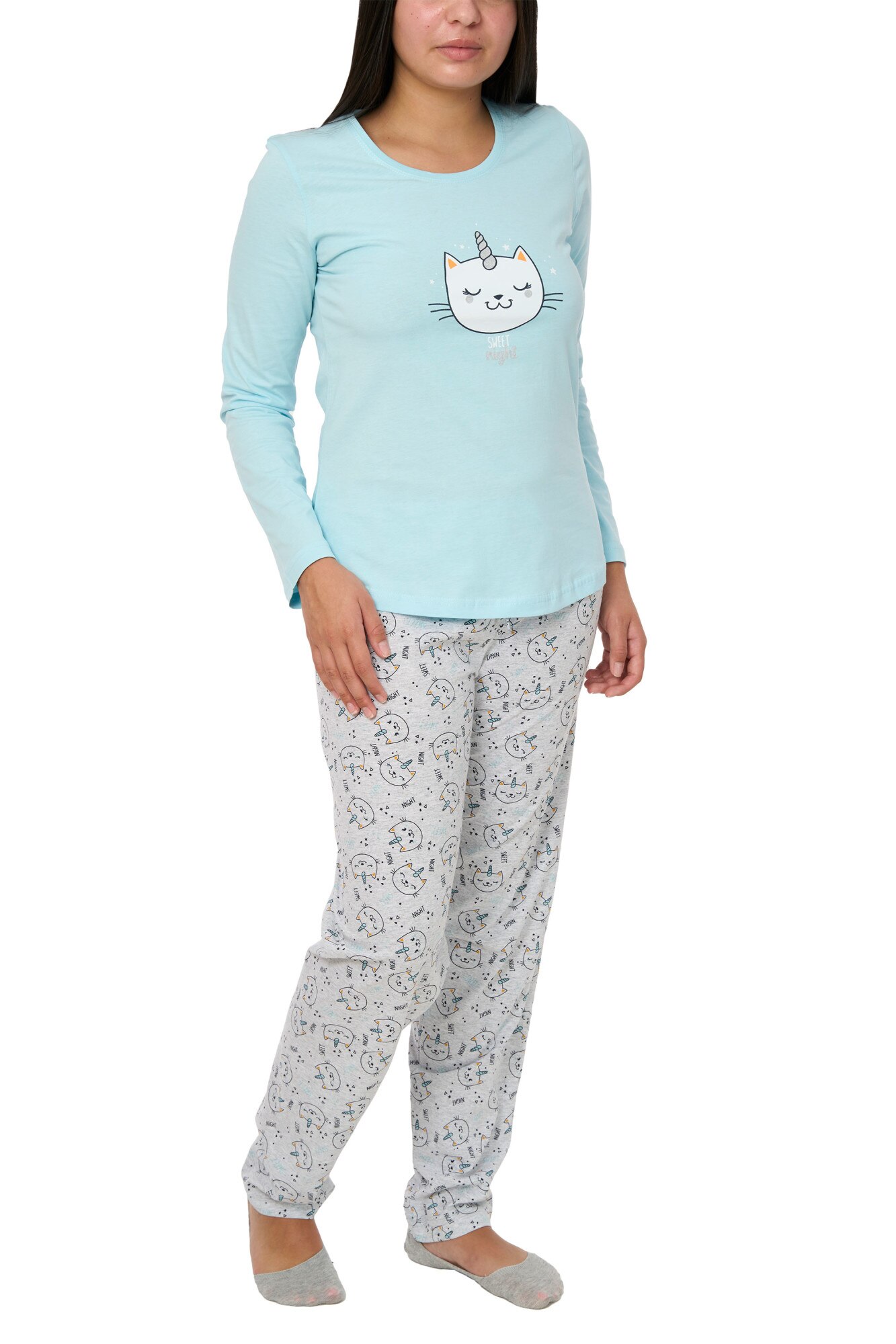 Pijamale dama din bumbac, Kitty, crystal blue, Albastru