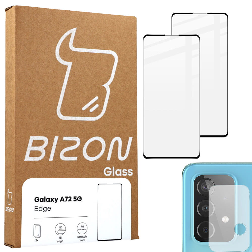 Set 2 folii ecran si folie camera foto Bizon Glass Edge pentru Samsung Galaxy A72 5G, Sticla, 7H, Transparent/Negru