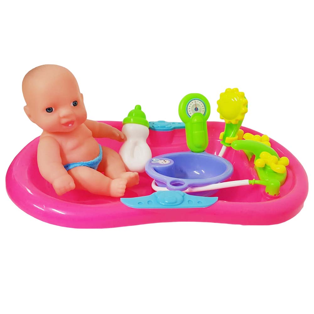 Set bebelus de jucarie, cu cadita, dus si accesorii, 6 piese, 31x20x7cm, KS3001C RCO®