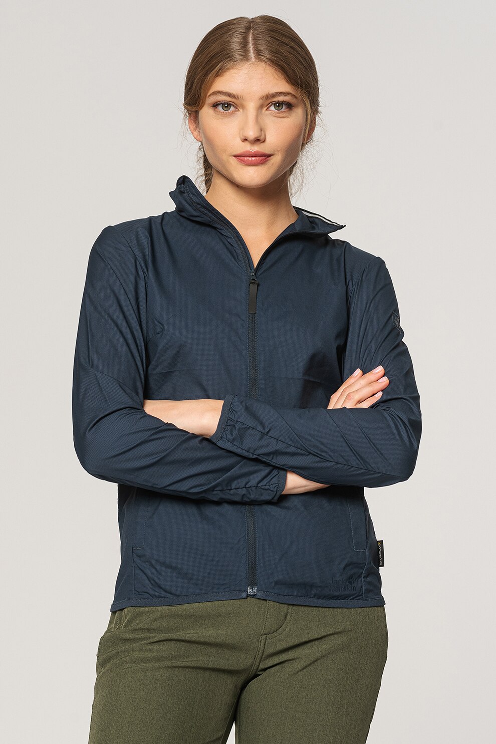 Jack Wolfskin, Jacheta usoara cu finisaj impermeabil si rezistenta la vant Wolfpack, Bleumarin inchis, S