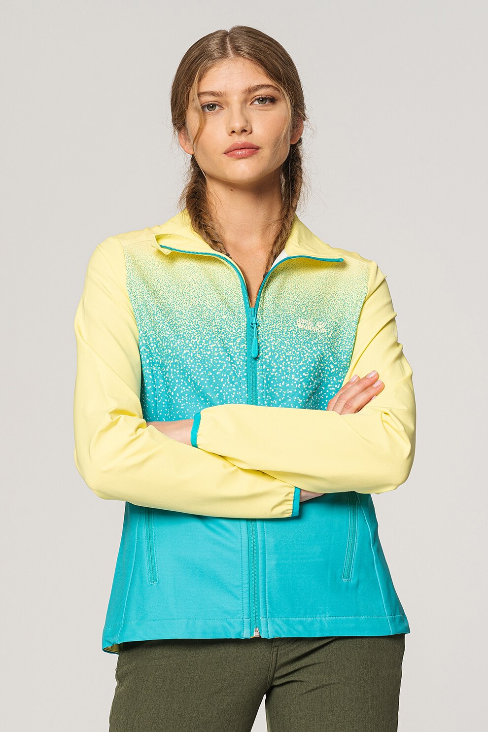 Jack Wolfskin, Jacheta cu imprimeu grafic, pentru drumetii Starry Night, Verde persan/Galben pai, S