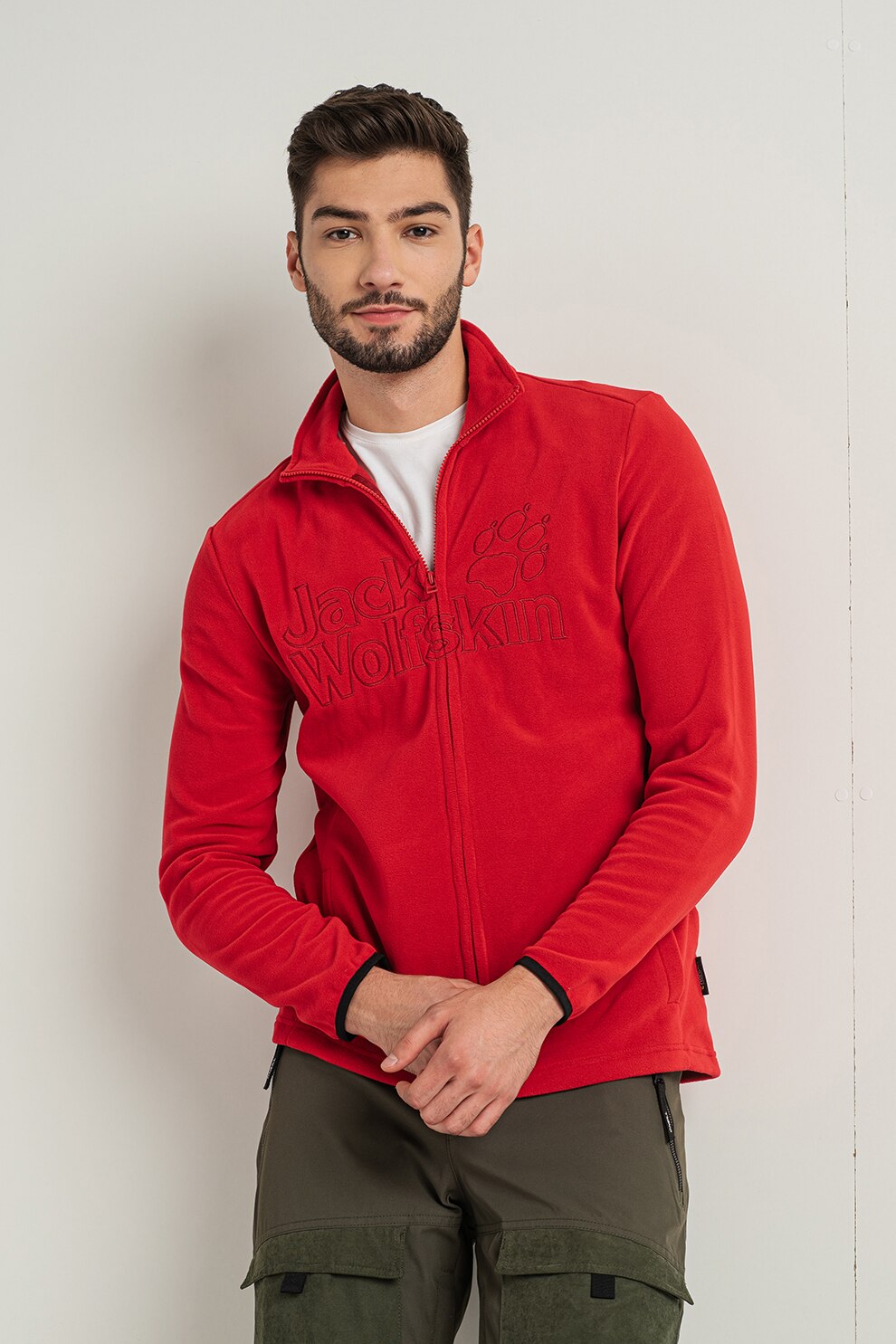 Jack Wolfskin, Bluza sport de fleece cu fermoar si logo Zero Waste, Rosu, M