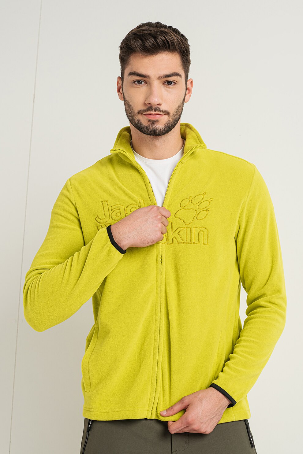 Jack Wolfskin, Bluza sport de fleece cu fermoar si logo Zero Waste, Verde lime, M