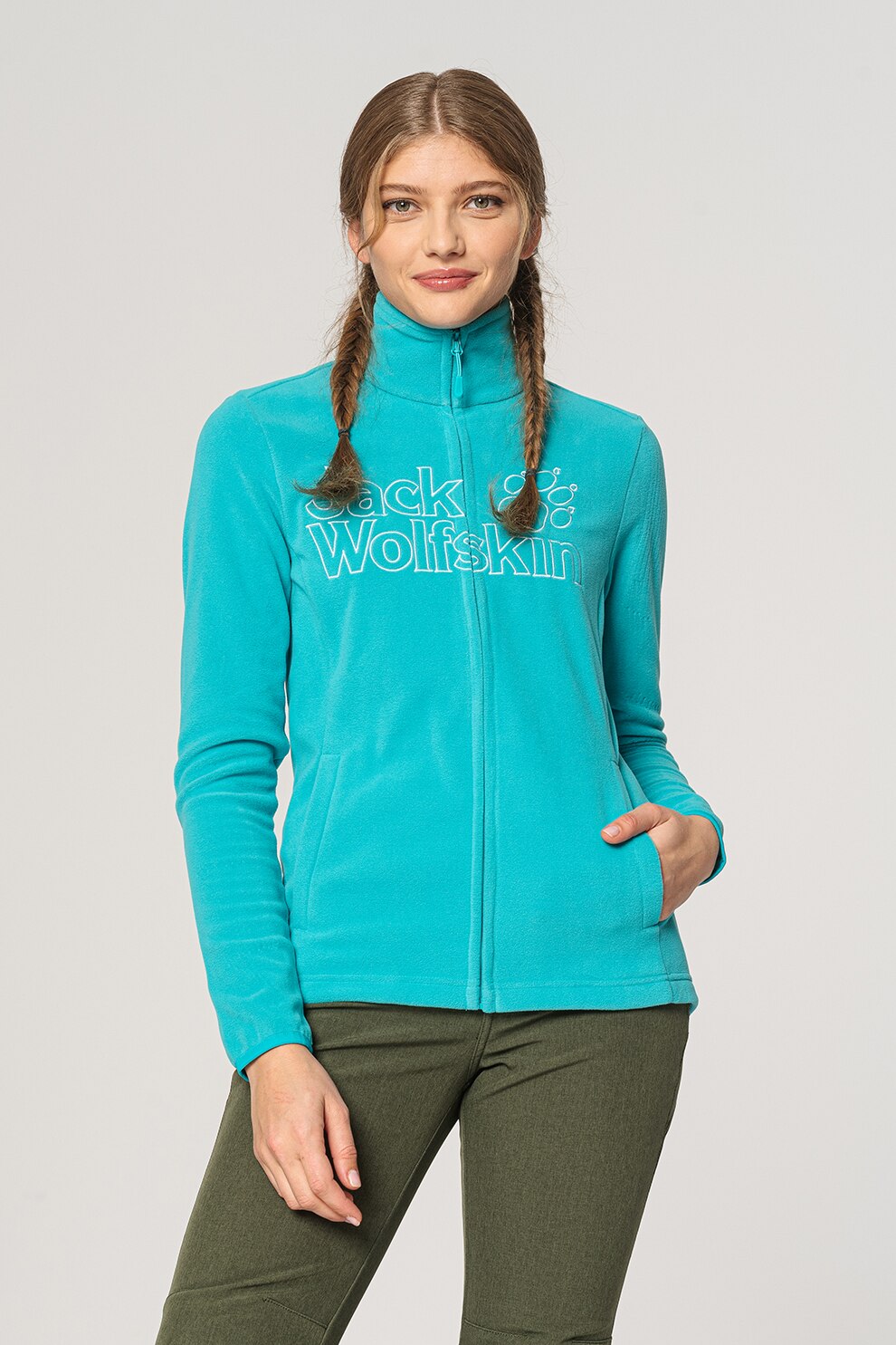 Jack Wolfskin, Bluza sport de fleece cu fermoar si logo Zero Waste, Albastru aquamarin, S