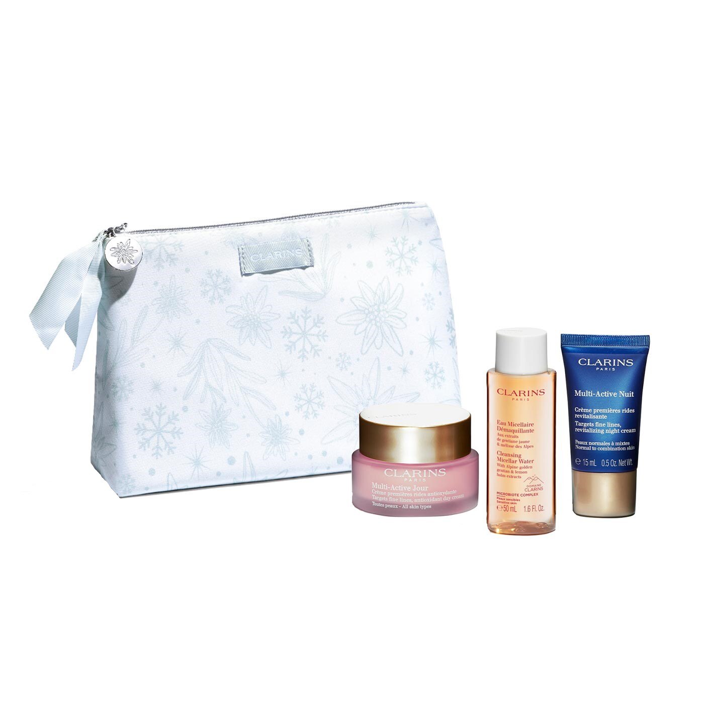 Set de ingrijire a tenului Clarins, crema de zi Multi-Active 50 ml, crema de noapte 15 ml, apa micelara 50 ml, portfard