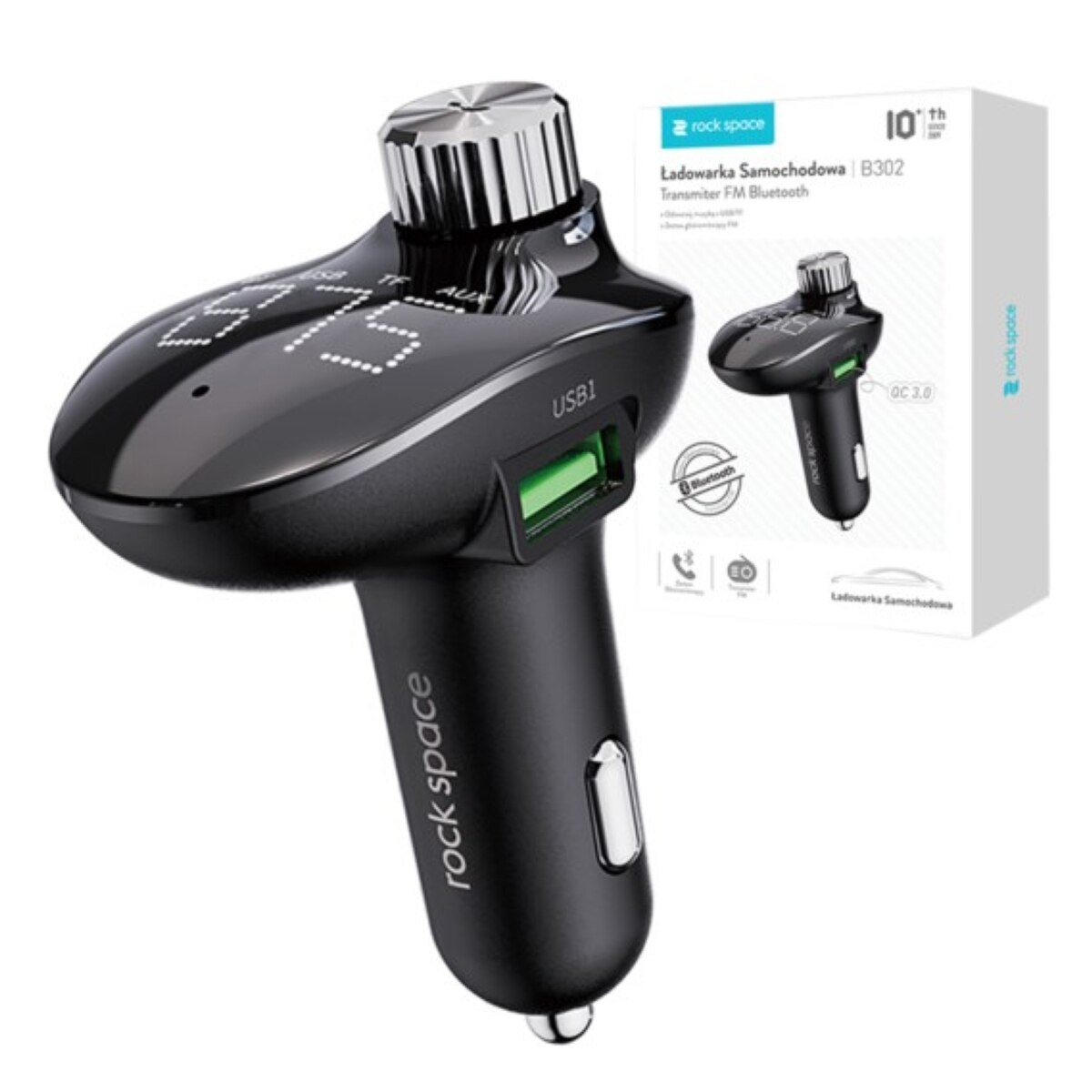 Incarcator auto Rock, Dual Port, USB, 18W, Radio, Bluetooth, Negru