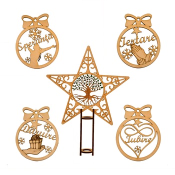 Set 4 globuri din lemn, cu mesaj, PIKSEL, decoratiuni brad de Craciun, si un Varf Stea cu Pomul vietii Set 4 globuri din lemn, cu mesaj, PIKSEL, decoratiuni brad de Craciun, si un Varf Stea cu Pomul vietii