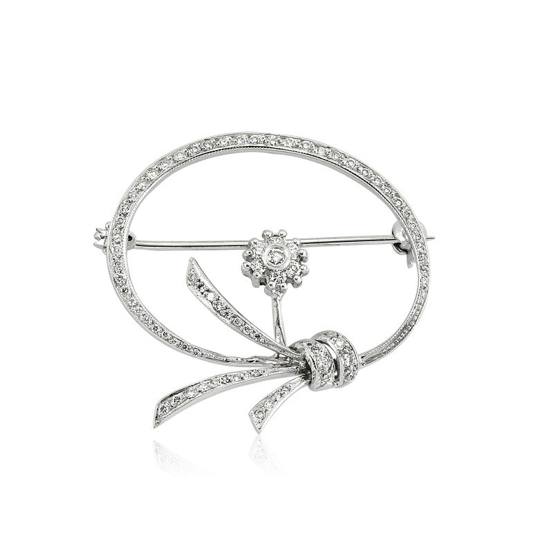 Brosa din aur alb 18 K, 6.08 g, diamante 0.48 carate, 81 pietre, lungime 3.5 cm, La Rosa