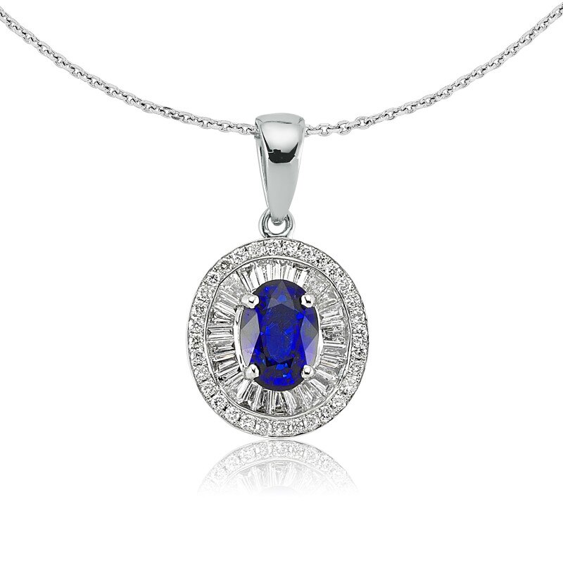 Colier din aur alb 14 K, 3.00 g, diamante 0.38 carate si safir 0.79 carate, 61 pietre, lungime 45 cm, La Rosa