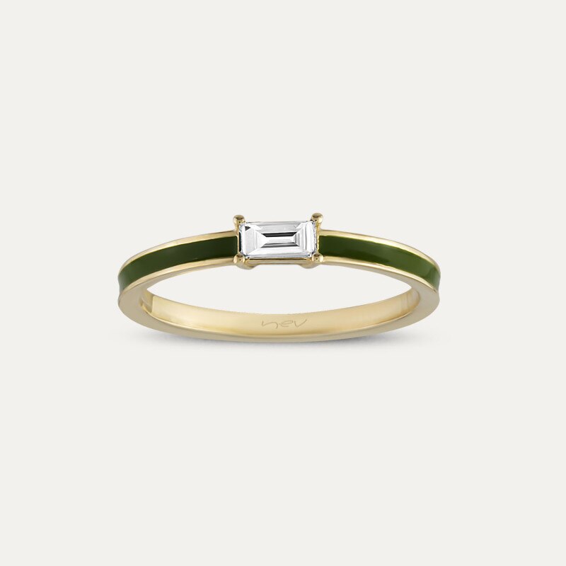 Inel din aur galben 14 K, 1.55 g, email verde si diamante 0.12 carate, 1 piatra, marime 54, La Rosa