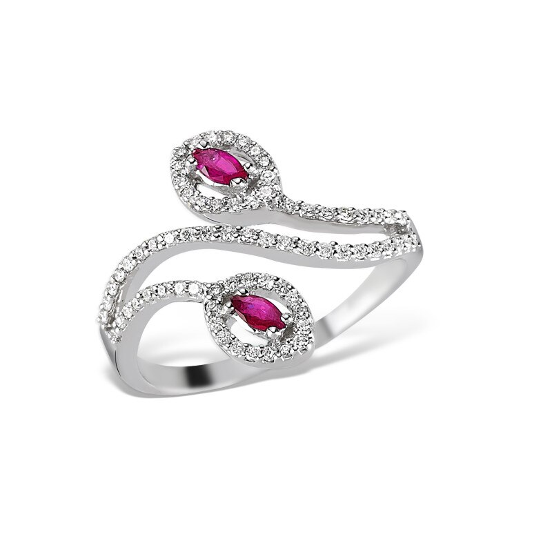 Inel din aur alb 18 K, 3.56 g, diamante 0.28 carate si rubin 0.13 carate, 58 pietre, marime 53, La Rosa