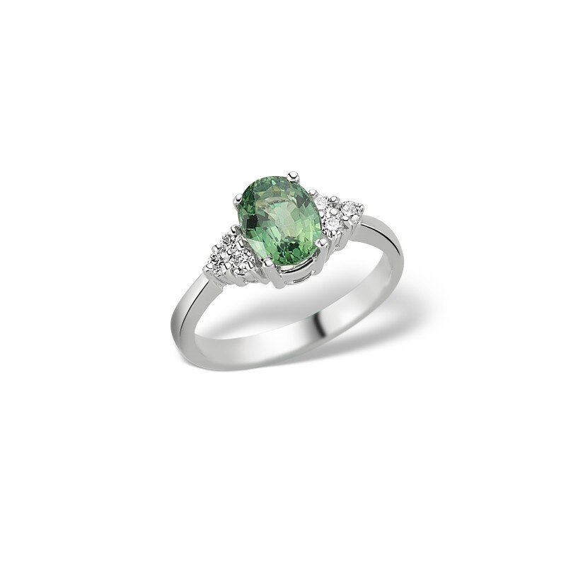 Inel din aur alb 18 K, 3.84 g, diamante 0.20 carate si peridot 1.70 carate , 7 pietre, marime 53, La Rosa