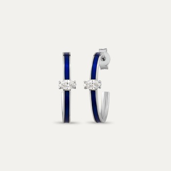 Cercei din aur alb 14 K, 3.46 g, email albastru si diamant oval 0.29 carate, 2 pietre, La Rosa Cercei din aur alb 14 K, 3.46 g, email albastru si diamant oval 0.29 carate, 2 pietre, La Rosa