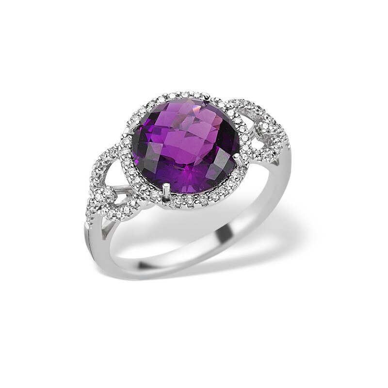 Inel din aur alb 14 K, 4.00 g, diamante 0.30 carate si ametist 4.19 carate, 67 pietre, marime 53, La Rosa