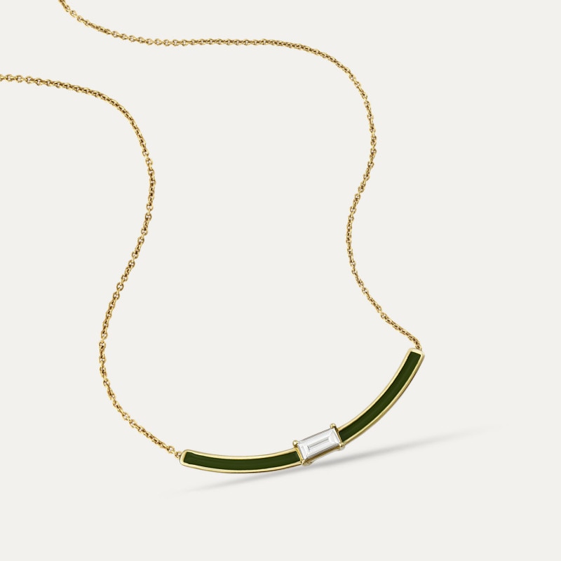 Colier din aur galben 14 K, 2.11 g, email verde si diamant 0.13 carate, 1 piatra, lungime 45 cm, La Rosa