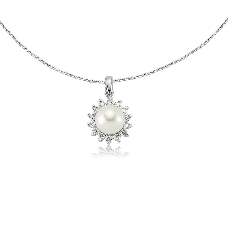 Colier din aur alb 14 K, 2.32 g, cu perla 1.00 carate si diamante 0.21 carate, 13 pietre, lungime 45 cm, La Rosa