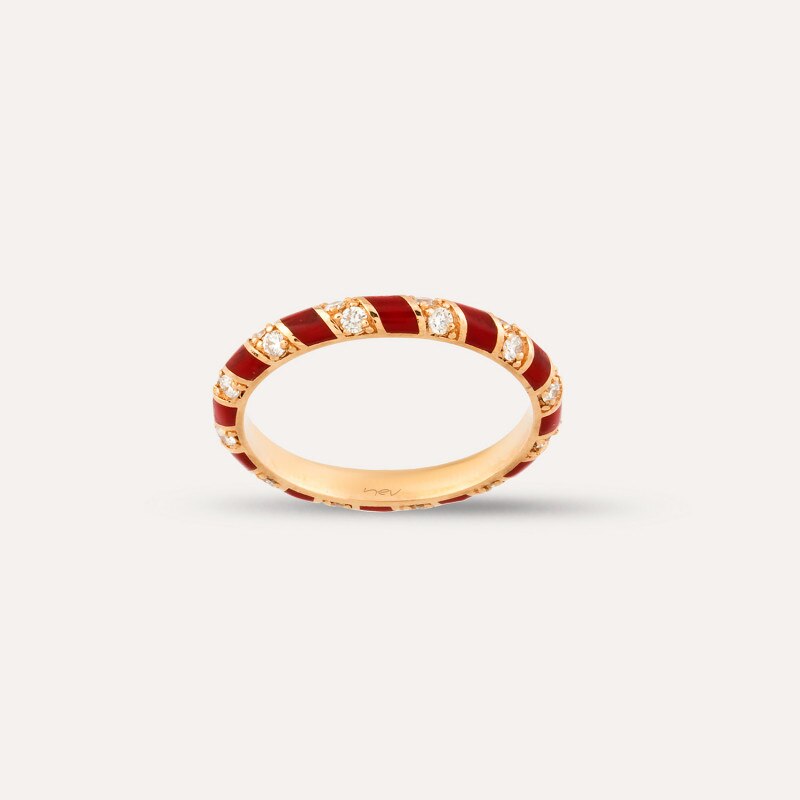 Inel din aur rose 18 K, 2.31 g, email aramiu si diamante 0.38 carate, 24 pietre, marime 54, La Rosa