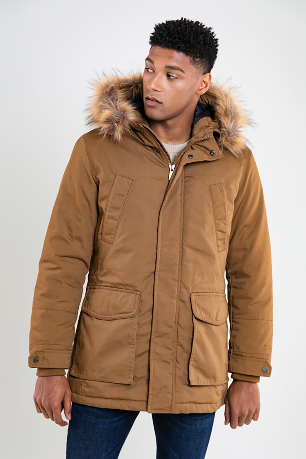 Big Star, Geaca cu garnitura de blana sintetica, Maro camel, XL