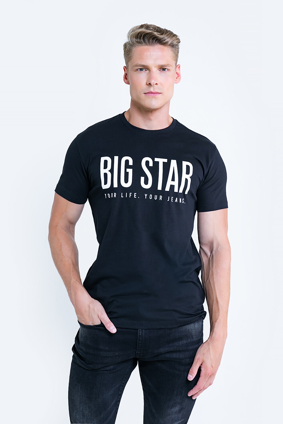 Big Star, Tricou de bumbac organic cu decolteu la baza gatului si imprimeu logo supradiensionat Cieszbor, Negru