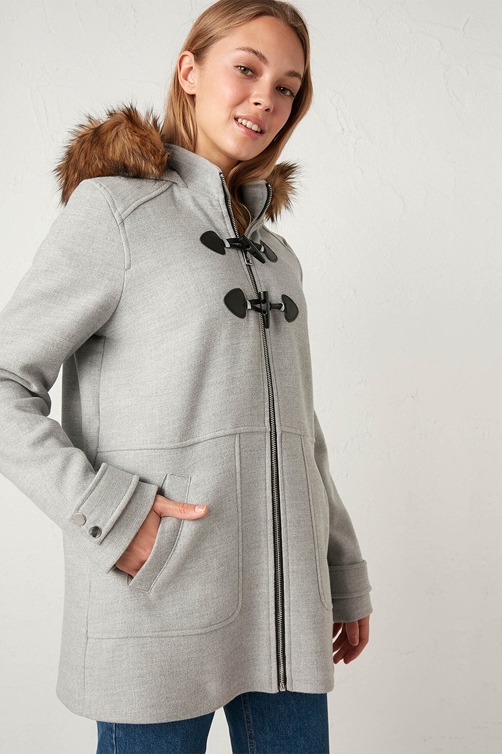 LC WAIKIKI, Haina cu garnitura de blana sintetica, Gri deschis melange, L